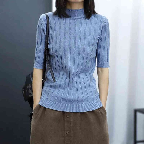 women's t-shirt basic solid stripe short sleeve half turtleneck knitted casual summer elastic knitwear women korean style tee, White
women's t-shirt basic solid stripe short sleeve half turtleneck knitted casual summer elastic knitwear women korean style tee, White