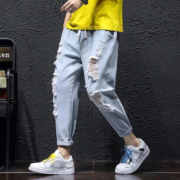 men's fashion jeans large trend knee hole loose straight leg pants, Blue