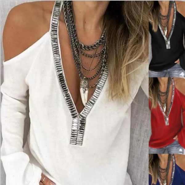 womens spring women t shirts off shoulder metal sheets slim tees fashion halter long sleeve v neck sequins female, White
womens spring women t shirts off shoulder metal sheets slim tees fashion halter long sleeve v neck sequins female, White