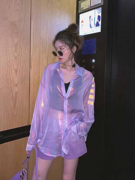 women's jackets chiffon laser symphony sunscreen lantern sleeve jersey iridescent rainbow hologram shirt transparent cardigan, Black;brown
women's jackets chiffon laser symphony sunscreen lantern sleeve jersey iridescent rainbow hologram shirt transparent cardigan, Black;brown