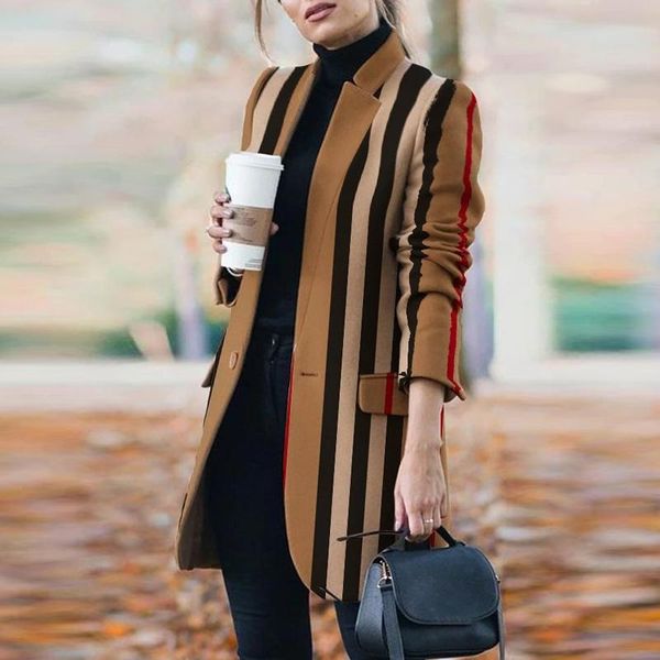 women's wool & blends retro striped ladies jacket fashion button lapel mid-length checkered print overcoat office loose cardigan, Black
women's wool & blends retro striped ladies jacket fashion button lapel mid-length checkered print overcoat office loose cardigan, Black