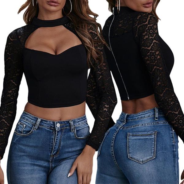 women's t-shirt low cut solid lace long sleeve fitted cute stretchy tee back zipper shirt, White
women's t-shirt low cut solid lace long sleeve fitted cute stretchy tee back zipper shirt, White