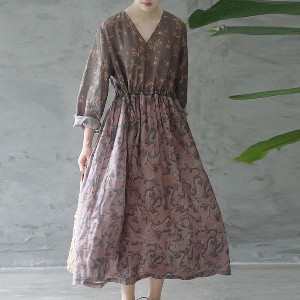 johnature autumn retro patchwork print v-neck long sleeve high waist drawstring dresses simple fashion women dress 210521, Black;gray
johnature autumn retro patchwork print v-neck long sleeve high waist drawstring dresses simple fashion women dress 210521, Black;gray