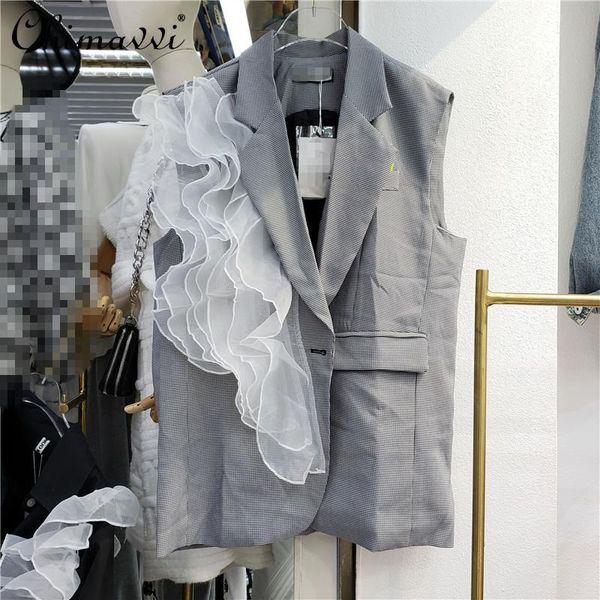 women's vests high street fashion women ruffles stitching organza vest coat female loose sleeveless notched collar long, Black;white
women's vests high street fashion women ruffles stitching organza vest coat female loose sleeveless notched collar long, Black;white
