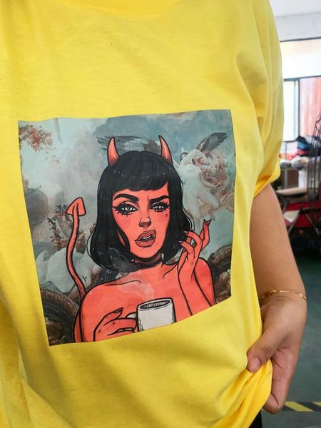 women's t-shirt pudo-xsx summer evil girl drinking coffee 3d printed t shirt women short sleeve tees cotton streetwear fashion outfits, White
women's t-shirt pudo-xsx summer evil girl drinking coffee 3d printed t shirt women short sleeve tees cotton streetwear fashion outfits, White