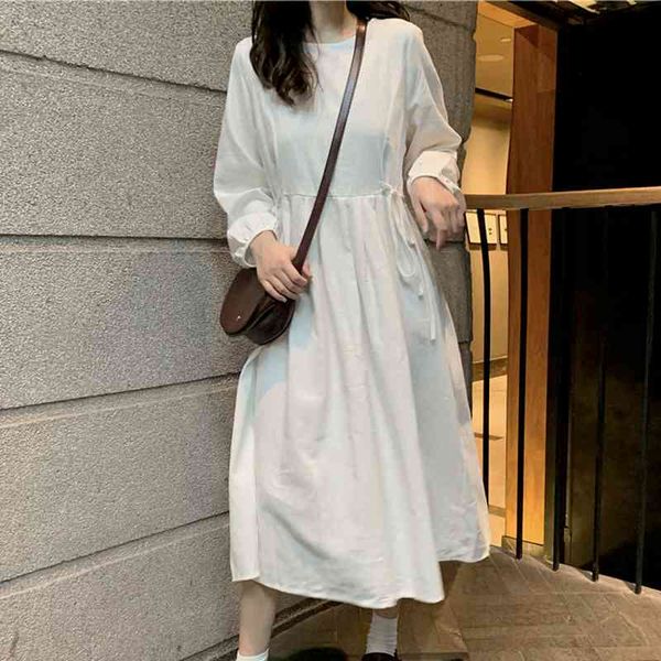 spring fresh long sleeve white woman dress solid high waist o-neck vestido mujer lace up slim waist femme fairy robe 210514, Black;gray