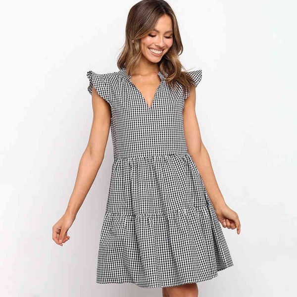 women plaid v neck flying sleeve dress summer casual black pleated female loose boho beach a-line mini dress vestidos mujer 210416, Black;gray
women plaid v neck flying sleeve dress summer casual black pleated female loose boho beach a-line mini dress vestidos mujer 210416, Black;gray