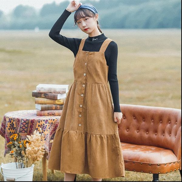 japanese spring autumn long women dresses sundress suspenders khaki corduroy vintage vestidos casual loose ruffles kawaii, Black;gray
japanese spring autumn long women dresses sundress suspenders khaki corduroy vintage vestidos casual loose ruffles kawaii, Black;gray