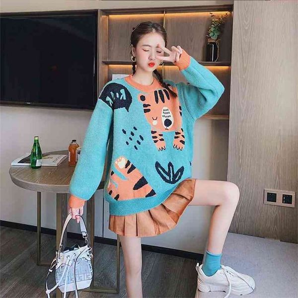 cartoon jacquard sweater women's pullover fall winter japanese retro loose round neck knitted 210427, White;black
cartoon jacquard sweater women's pullover fall winter japanese retro loose round neck knitted 210427, White;black