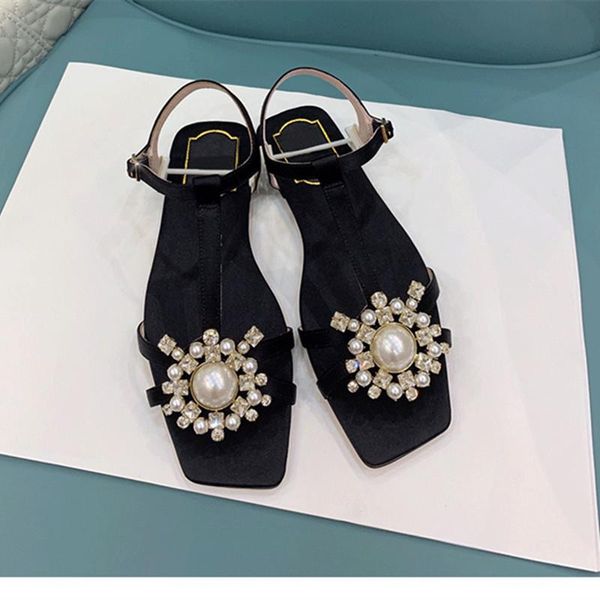 sandals rhinestone pearl bow decorated ladies flat heel square toe strap combination black casual