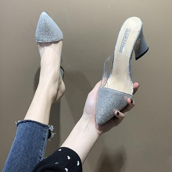 dress shoes 2021 spring and summer style baotou transparent single sequins medium thick heel shallow mouth pointed half drag, Black
dress shoes 2021 spring and summer style baotou transparent single sequins medium thick heel shallow mouth pointed half drag, Black
