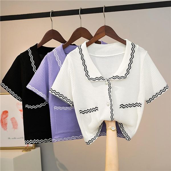 women's knits & tees 2021 summer striped jacket temperament purple black short cardigan women korean short-sleeved sweater small, White
women's knits & tees 2021 summer striped jacket temperament purple black short cardigan women korean short-sleeved sweater small, White