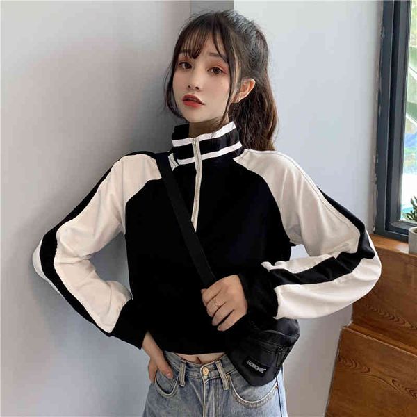 women's t-shirt spring women short t shirt fashion patchwork zipper stand collar long sleeve crop girls tees korean causal ladies, White
women's t-shirt spring women short t shirt fashion patchwork zipper stand collar long sleeve crop girls tees korean causal ladies, White