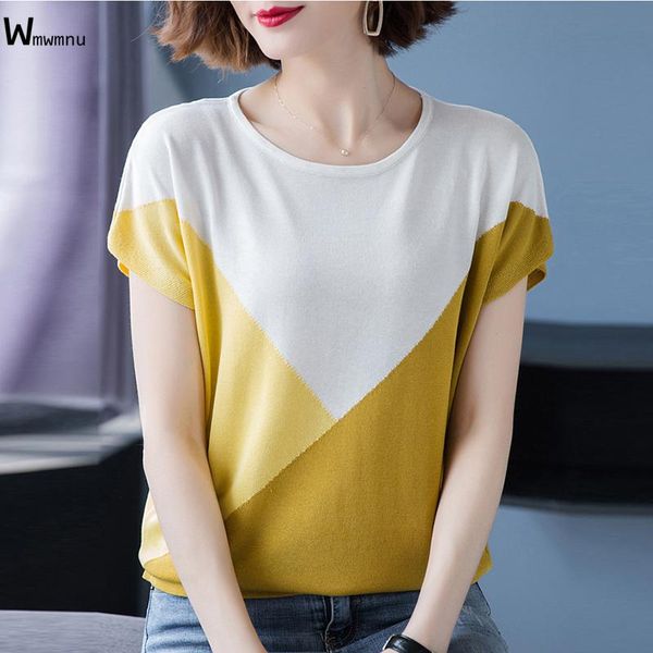 women's t-shirt women fashion loose knitwear tee summer short sleeve contrast color knitted casual o-neck thin pullover female, White
women's t-shirt women fashion loose knitwear tee summer short sleeve contrast color knitted casual o-neck thin pullover female, White