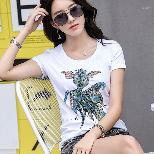 women's t-shirt summer for women sequin goldfish beading knitted short-sleeved, White
women's t-shirt summer for women sequin goldfish beading knitted short-sleeved, White