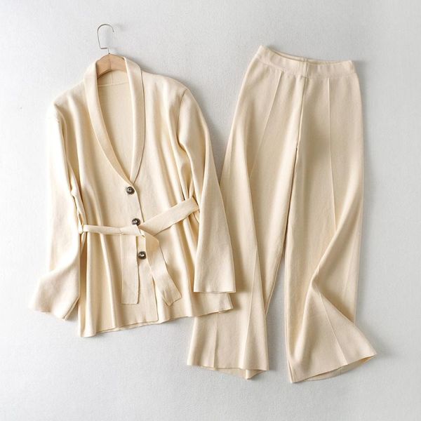 - korean women's clothing autumn and winter 2021 solid color lace up sweater wide leg pants suit for women two piece, White
- korean women's clothing autumn and winter 2021 solid color lace up sweater wide leg pants suit for women two piece, White