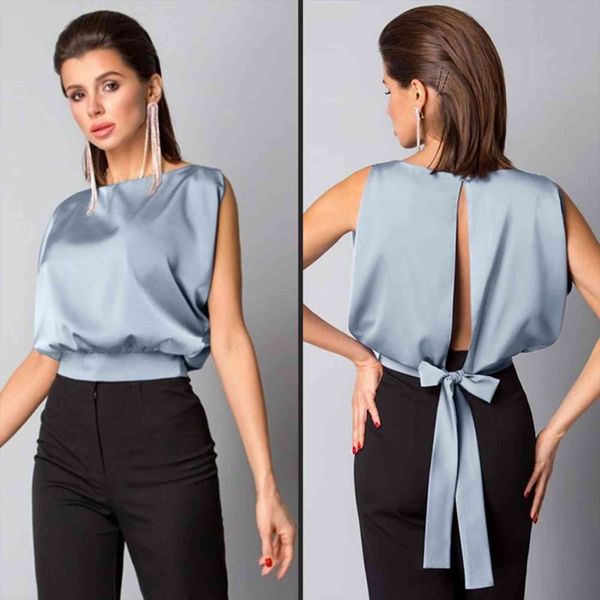summer satin silk women blouses elegant o neck sleeveless open back bow tie office shirts fall, White
summer satin silk women blouses elegant o neck sleeveless open back bow tie office shirts fall, White
