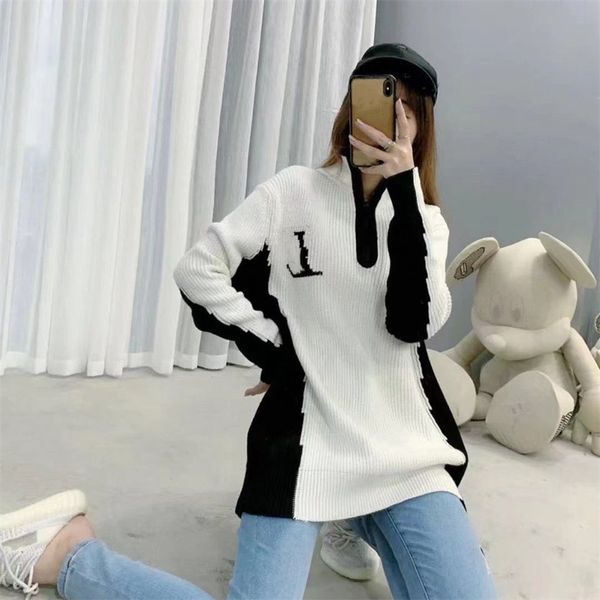 female zipper collar long knitted sweater wool blends fabrics pullover warm black white blouse fastens bosom embroidery letter, White;black
female zipper collar long knitted sweater wool blends fabrics pullover warm black white blouse fastens bosom embroidery letter, White;black