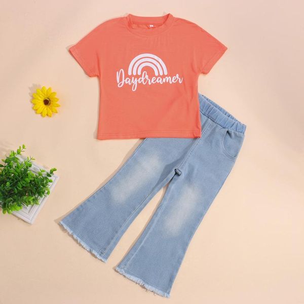 clothing sets summer kids girls casual outfits, rainbow print round collar short sleeve t-shirt+ elastic waist bell-bottomed long jeans, White 
clothing sets summer kids girls casual outfits, rainbow print round collar short sleeve t-shirt+ elastic waist bell-bottomed long jeans, White