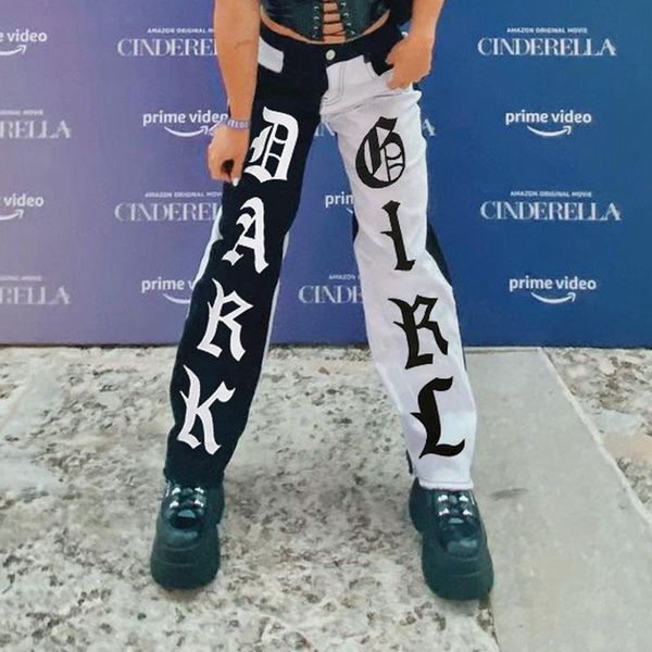 women's jeans women streetwear letter printing black and white contrast color washed high waist straight leg casual long, Blue
women's jeans women streetwear letter printing black and white contrast color washed high waist straight leg casual long, Blue