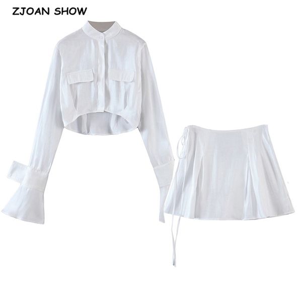 stand collar double pockets short women shirt bandage lacing up high waist pleated mini skirts crop 2 pieces set 210429, White
stand collar double pockets short women shirt bandage lacing up high waist pleated mini skirts crop 2 pieces set 210429, White
