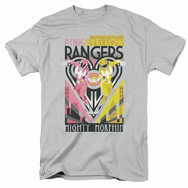 mighty morphin power rangers pink & yellow deco t shirt mens licensed tee silver, White;black