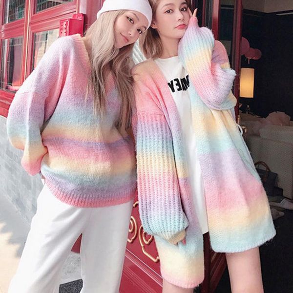 women's knits & tees rainbow sweater jumpers fall loose wild gradient color cardigan coat jacket, White
women's knits & tees rainbow sweater jumpers fall loose wild gradient color cardigan coat jacket, White