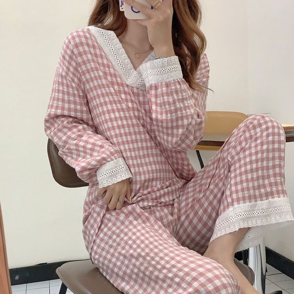 sleepwear cute spring summer sweet lovely soft girl lace v-neck minimalist home wear splicing gentle plaid pajamas suit, Black;red
sleepwear cute spring summer sweet lovely soft girl lace v-neck minimalist home wear splicing gentle plaid pajamas suit, Black;red