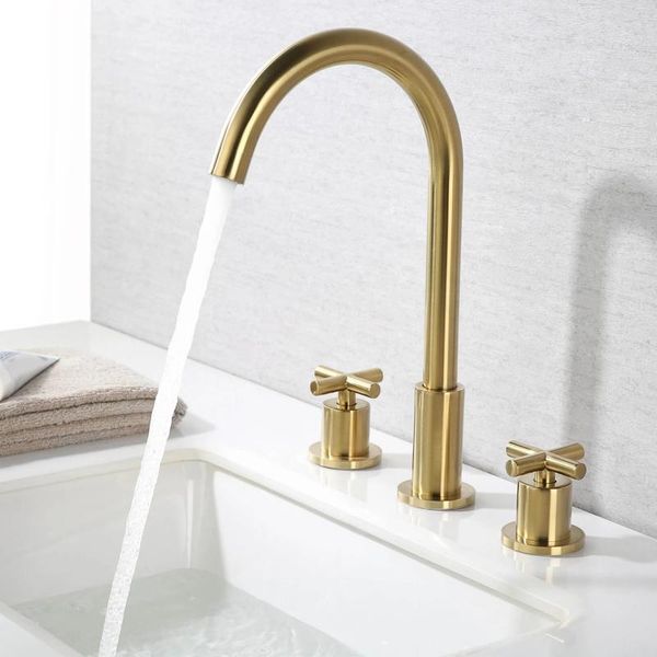 brushed gold brass basin faucets deck mounted bathroom sink 3 hole double handle and cold water mixertaps
brushed gold brass basin faucets deck mounted bathroom sink 3 hole double handle and cold water mixertaps