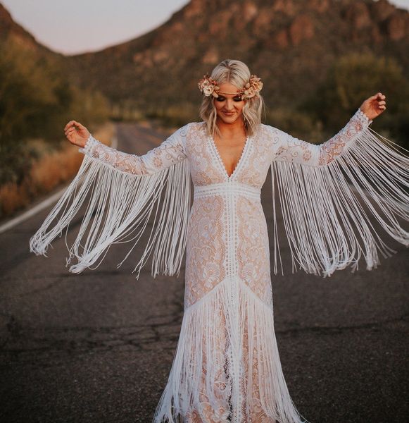 bohemian tassel mermaid wedding dresses bridal gowns v neck lace appliqued long sleeve robes de mariée, White
bohemian tassel mermaid wedding dresses bridal gowns v neck lace appliqued long sleeve robes de mariée, White
