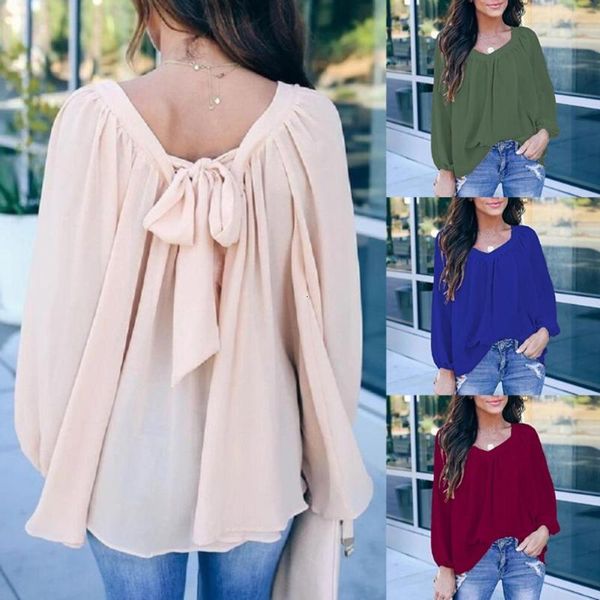 women's blouses & shirts office lady solid color long sleeve o neck large hem back bow loose blouse top, White
women's blouses & shirts office lady solid color long sleeve o neck large hem back bow loose blouse top, White