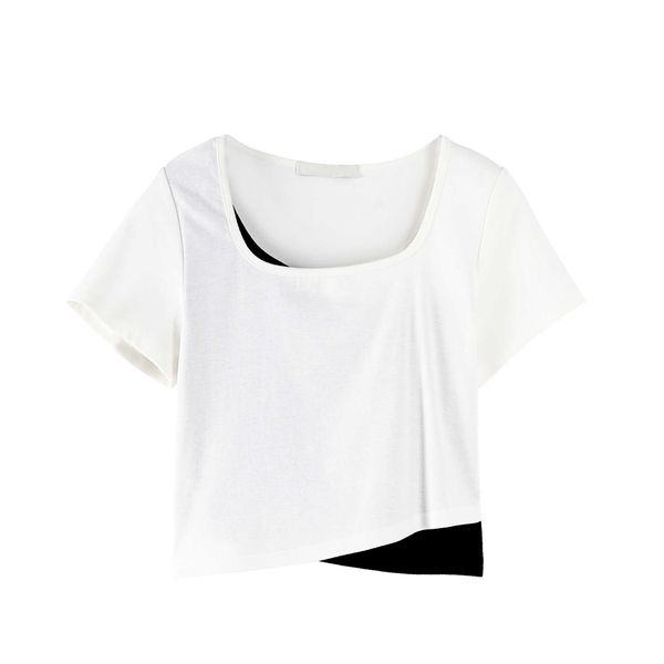 casual square collar short sleeve t-shirt women's summer design slim fake two white 210615
casual square collar short sleeve t-shirt women's summer design slim fake two white 210615