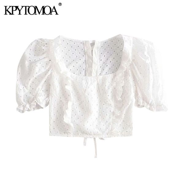 women fashion cutwork embroidery ruffles cropped blouses vintage puff sleeve back lace-up female shirts chic 210421, White
women fashion cutwork embroidery ruffles cropped blouses vintage puff sleeve back lace-up female shirts chic 210421, White