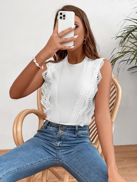 scallop lace trim tank p3u1#, White