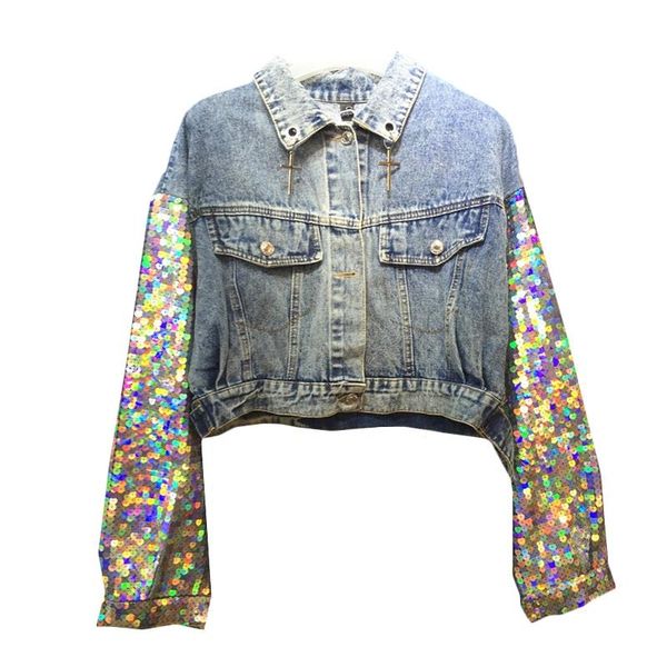 women's jackets autumn short women coats colorful sequins long sleeves washed denim jacket black blue, Black;brown
women's jackets autumn short women coats colorful sequins long sleeves washed denim jacket black blue, Black;brown