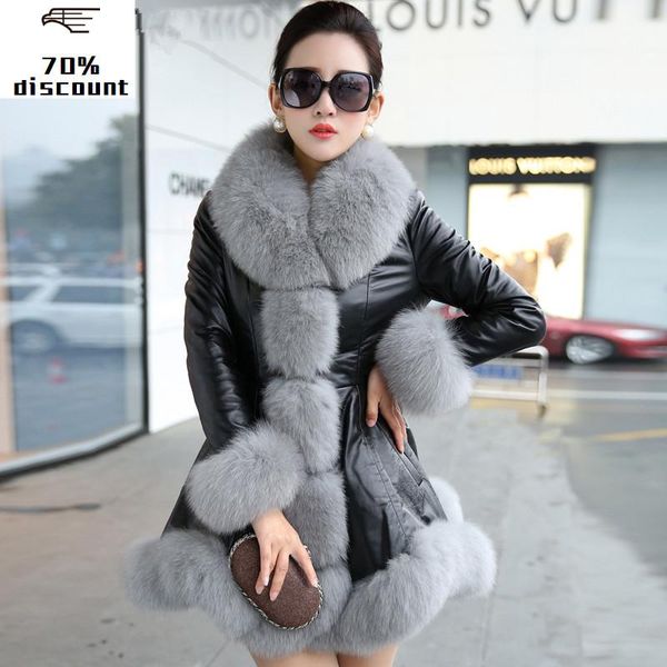 women's leather & faux genuine jacket large fur collar down winter women 300% real sheepskin coat female outwear my, Black
women's leather & faux genuine jacket large fur collar down winter women 300% real sheepskin coat female outwear my, Black