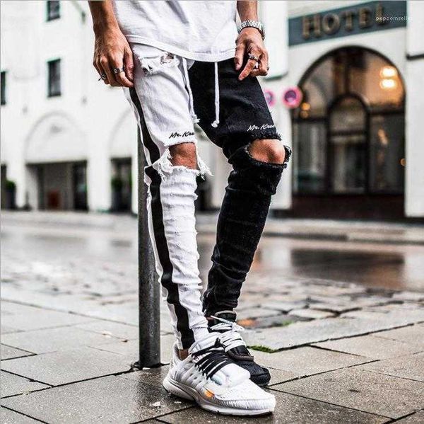 men's jeans mens biker spring knee holes ripped black white patchwork jean tousers stylish high street e55r, Blue 
men's jeans mens biker spring knee holes ripped black white patchwork jean tousers stylish high street e55r, Blue