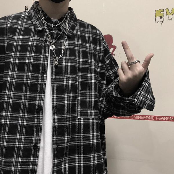men's casual shirts plaid harajuku shirt retro black oversized classic button up japanese streetwear long sleeve for men korean clothes, White;black
men's casual shirts plaid harajuku shirt retro black oversized classic button up japanese streetwear long sleeve for men korean clothes, White;black