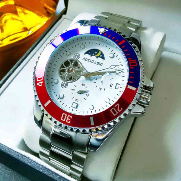 aokulasic moon phase automatic watches men luxury mechanical tours human fire chronograph wristwatchclock, Slivery;brown