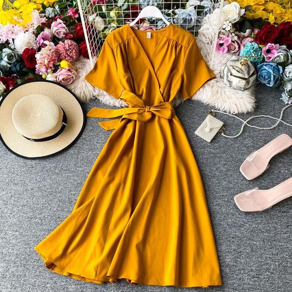 solid color summer women dress short sleeve v-neck ruffles chiffon vintage elegant lady a line bandage dresses casual, Black;gray
solid color summer women dress short sleeve v-neck ruffles chiffon vintage elegant lady a line bandage dresses casual, Black;gray