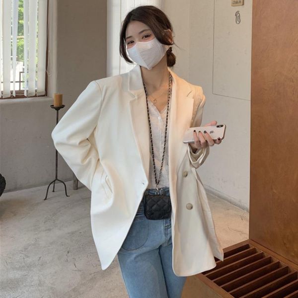 women's suits & blazers loose casual fall womens double breasted office lady suit woman 2021 all match solid notched autumn coat, White;black
women's suits & blazers loose casual fall womens double breasted office lady suit woman 2021 all match solid notched autumn coat, White;black