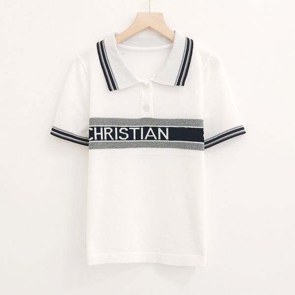 sweater knit 2021 summer women's pullover collar short sleeve contrast stripe casual loose thin top, White;black
sweater knit 2021 summer women's pullover collar short sleeve contrast stripe casual loose thin top, White;black