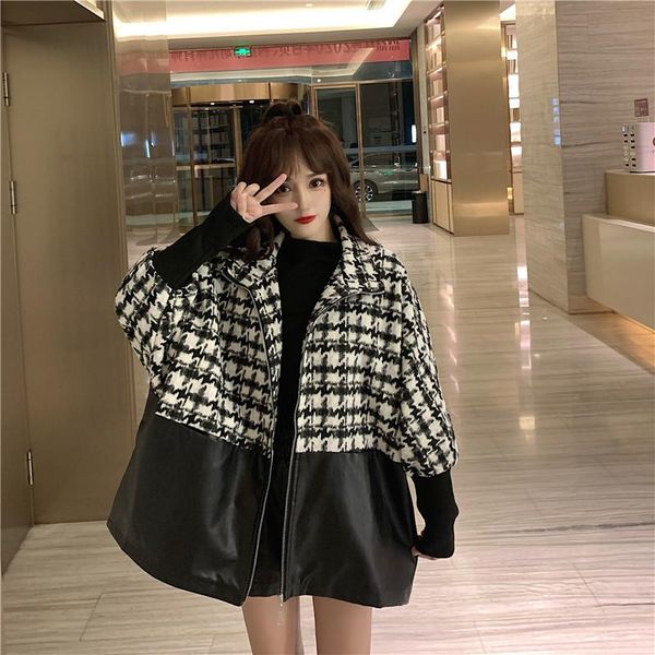 women's jackets 2021 women korean style coat fashion autumn plaid stitching pu leather loose streetwear outerwear female, Black;brown
women's jackets 2021 women korean style coat fashion autumn plaid stitching pu leather loose streetwear outerwear female, Black;brown