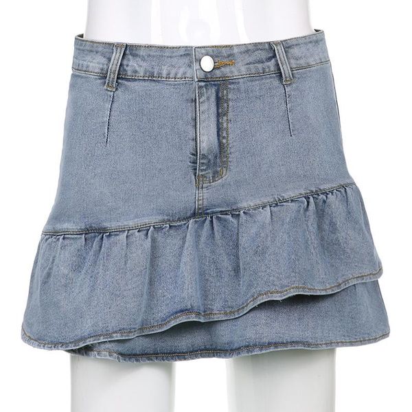 skirts summer irregular ruffled high waist slim denim skirt, Black