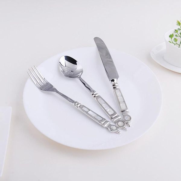 dinnerware sets stainless steel knife fork spoon silver 100% hand make shell skidproof handle with inlay steak set 3pcs/set
dinnerware sets stainless steel knife fork spoon silver 100% hand make shell skidproof handle with inlay steak set 3pcs/set