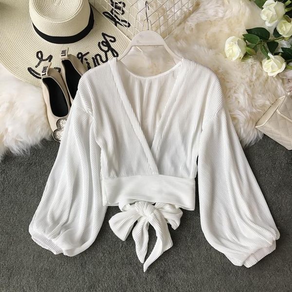 women's blouses & shirts spring summer tied bowknot lantern sleeve chiffon women v-neck pleated short design blouse, White
women's blouses & shirts spring summer tied bowknot lantern sleeve chiffon women v-neck pleated short design blouse, White