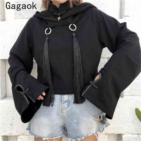 women retro streetwear hoodies text tassel spring short loose black casual harajuku female pullover 210531
women retro streetwear hoodies text tassel spring short loose black casual harajuku female pullover 210531