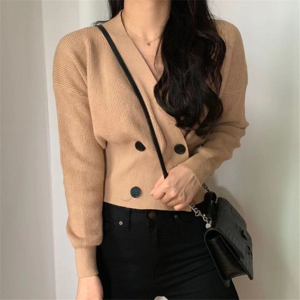 autumn loose sweet women girls warm v-neck fashion female cross fresh high waist casual knitted short sweaters 210421, White;black
