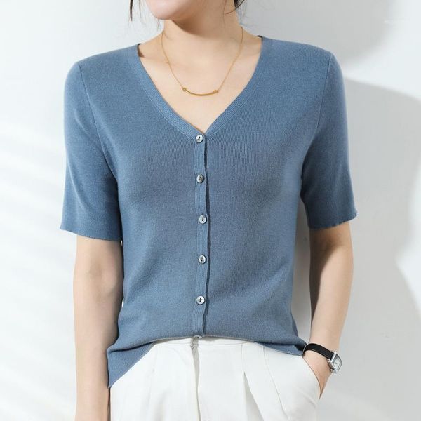 women's t-shirt tianluo 2021 summer knitted wear korean v-neck cardigan thin style with short sleeve top, White
women's t-shirt tianluo 2021 summer knitted wear korean v-neck cardigan thin style with short sleeve top, White