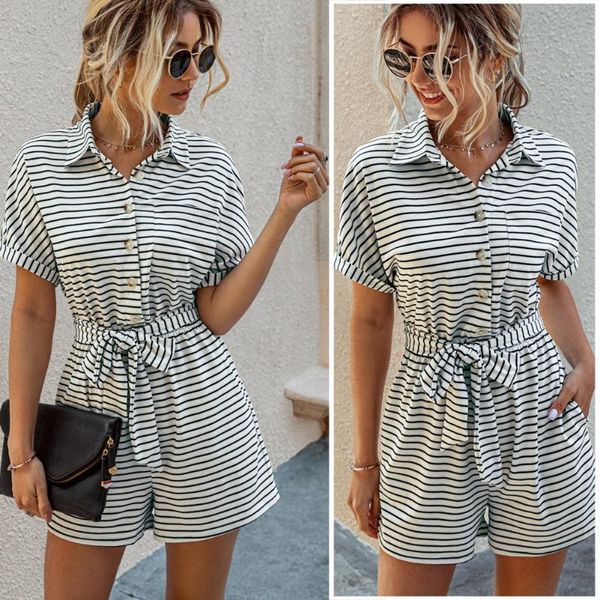 women's jumpsuits & rompers summer 2021 fashionable stripe lapel lace-up siamese trousers women playsuits, Black;white
women's jumpsuits & rompers summer 2021 fashionable stripe lapel lace-up siamese trousers women playsuits, Black;white